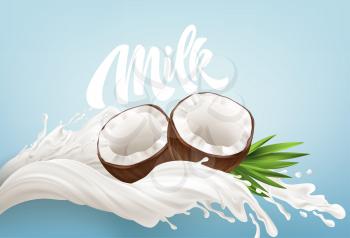 Realistic Bursts of Milk and Coconuts on a Blue Background. Milk Handwriting Lettering Calligraphy Lettering. Vector illustration EPS10