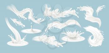 Set of realistic splashes of milk isolated on a blue background. White fluid. Vector illustration EPS10