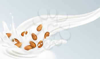 Realistic splash of almond milk on a gray background. Healthy eating concept. Vector illustration EPS10
