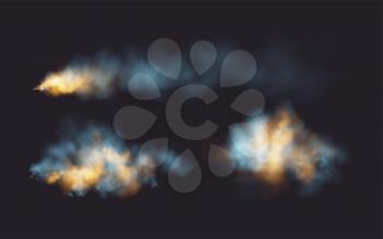 Set Realistic smoke and fire shapes on a black background. Vector illustration EPS10