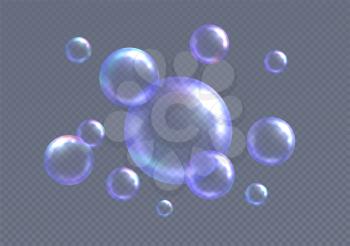 Realistic soap bubbles isolated on gray transparent background. Vector illustration EPS10