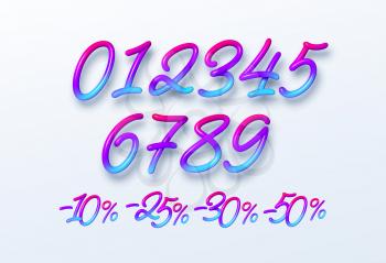 Rainbow Sale lettering numbers in 3d style. Numbers with liquid effect of a color gradient in volumetric style. Isolated numbers on a white background. Vector illustration EPS10