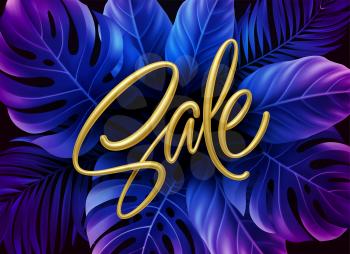 Golden metallic summer sale lettering on a purple bright background from tropical leaves of plants. Vector illustration EPS10
