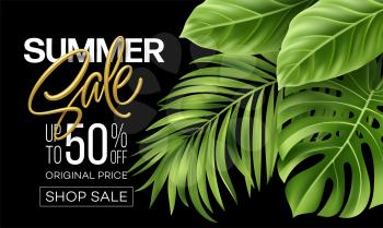 Golden metallic summer sale lettering on a bright background from green tropical leaves of plants. Vector illustration EPS10