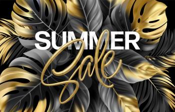 Gold metallic summer sale lettering on a black background from golden tropical leaves of plants. Vector illustration EPS10