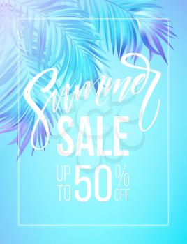 Summer sale lettering design in a colorful blue and purple palm tree leaves background. Vector illustration EPS10