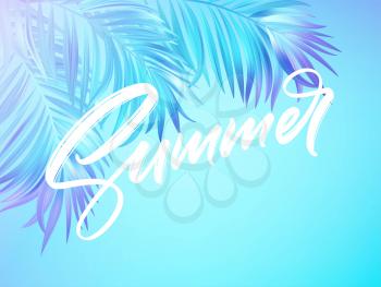 Summer lettering design in a colorful blue and purple palm tree leaves background. Vector illustration EPS10
