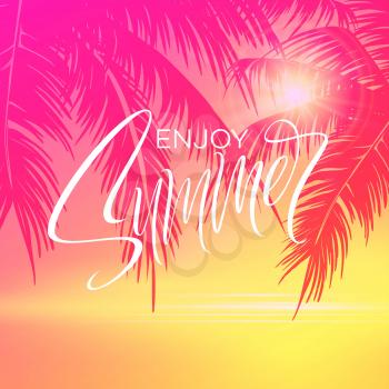 Summer lettering poster with palm trees background in pink colors. Vector illustration EPS10