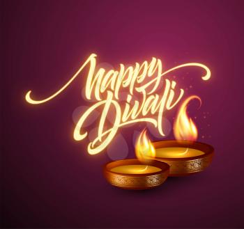 Happy Diwali festival of lights. Retro oil lamp on background night sky. Calligraphy hand lettering text. Vector illustration EPS10