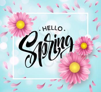 Daisy Flower Background and Hello Spring Lettering. Vector Illustration EPS10