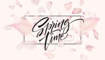 Cherry blossom petal background with Spring time lettering. Vector illustration EPS10