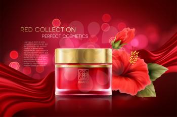 Cosmetics products with luxury collection composition on red blurred bokeh background with hibiscus flower. Vector illustration EPS10