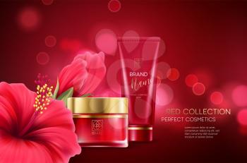 Cosmetics products with luxury collection composition on red blurred bokeh background with hibiscus flower. Vector illustration EPS10