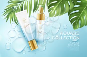 Cosmetics on blue water drop background with tropical palm leaves. Face cosmetics, body care banner, flyer template design. Vector illustration EPS10