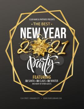 New Year party typography poster with 2021 gold realistic inscription, gift bow, golden frame and golden confetti on a black background. Vector illustration EPS10