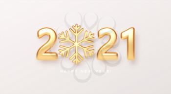 Gold realistic metallic text 2021 with golden snowflake. Vector illustration EPS10