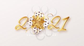 Gold realistic metallic text 2021 with gift box and golden bow. Vector illustration EPS10