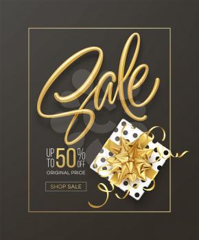 Realistic metallic gold inscription Sale on the background with a gift box and a golden bow. Design template for banner, voucher, poster, flyer. Vector illustration EPS10