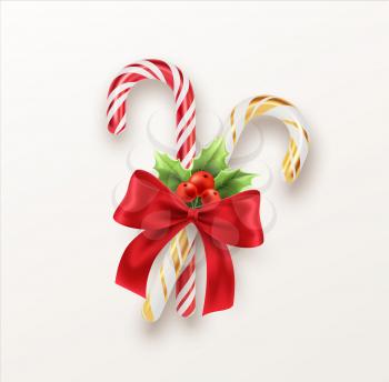 Realistic Xmas candy cane with red bow and a sprig of Christmas holly isolated on white backdrop. Vector illustration EPS10