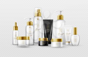 Set of mockup template white, black and glass cosmetic bottles with gold caps isolated on a white background. Real transparency effect. Vector illustration EPS10