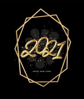 2021 realistic golden metallic inscription on a black background with gold glitter sparkles. Vector illustration EPS10