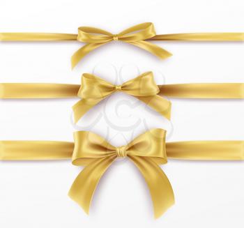 Set Golden Bow and Ribbon on white background. Realistic gold bow for decoration design Holiday frame, border. Vector illustration EPS10