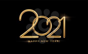 Realistic gold metal inscription 2021. Gold calligraphy New Year lettering on the black background. Design element for advertising poster, flyer, postcard. Vector illustration EPS10