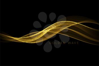 Abstract shiny color gold wave design element with glitter effect on dark background. Vector illustration EPS10