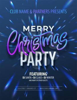 Poster Merry Christmas party with holographic inscription on Christmas Fong with iridescent reflections. Vector illustration EPS10