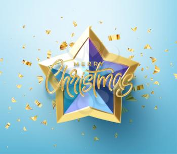 Realistic shiny 3D golden inscription Merry Christmas on a blue gold star background. Vector illustration EPS10