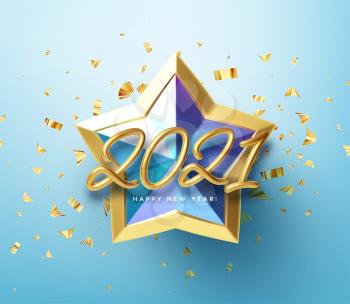 Realistic shiny 3D golden inscription 2021 Happy New Year on a blue gold star background. Vector illustration EPS10