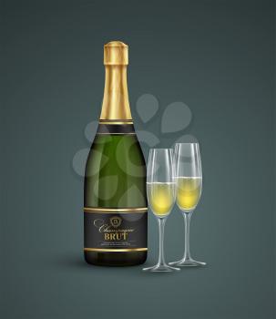 Realistic bottle and glasses of champagne isolated on a transparent background. Vector illustration EPS10