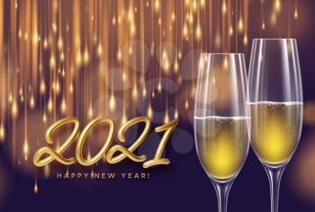 2021 New Year background with a bottle and glasses of champagne and glowing bokeh light. Vector illustration EPS10