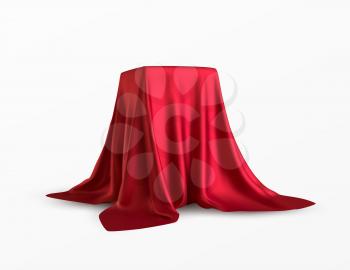 Realistic box covered with red silk cloth. Isolated on white background. Satin fabric wave texture material. Textile design, fabric. Vector illustration EPS10