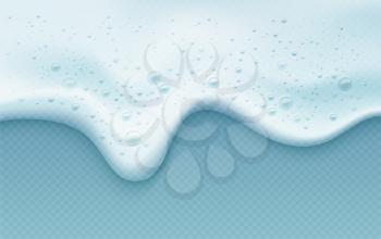 Soap foam with bubbles isolated on a blue transparent background. Shampoo bubbles texture. Vector illustration EPS10