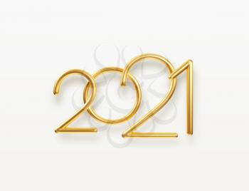 Realistic gold metal inscription 2021. Gold calligraphy New Year lettering. Design element for advertising poster, flyer, postcard. Vector illustration EPS10