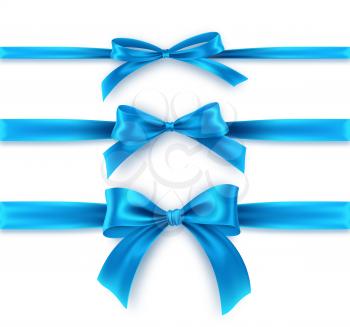 Set blue Bow and Ribbon on white background. Realistic blue bow for decoration design Holiday frame, border. Vector illustration EPS10