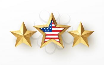 Golden realistic 3d star with American flag isolated on white background. Design element for patriotic American posters, cards. Vector illustration EPS10