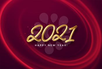 Realistic shiny 3D golden inscription 2021 happy new year on a background with red bright waves. Vector illustration EPS10