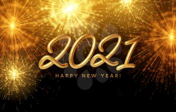 2021 Happy New Year golden shiny inscription on the background with bright burning fireworks. Vector illustration EPS10