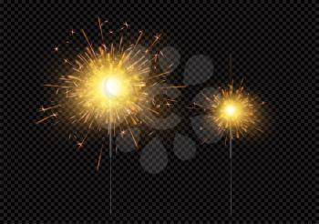 Bright shiny sparkling Bengal light fireworks isolated on black background. Vector illustration EPS10