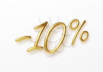 Realistic golden text 10 percent discount number. Vector illustration EPS10