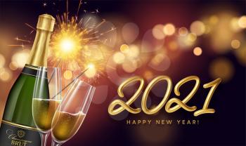 2021 New Year background with a bottle and glasses of champagne and glowing bokeh light. Vector illustration EPS10