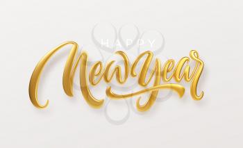 Happy New Year. Realistic golden metal lettering isolated on white background. Vector illustration EPS10