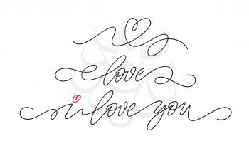 Set of single continuous line handwriting lettering for Happy Valentines Day isolated on white background. Vector illustration EPS10