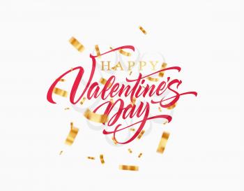 lettering Happy Valentines day with golden glittering confetti isolated on white background.Vector illustration EPS10