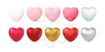 Big Valentines Day Set of different color realistic gold, red, pink, silwer, white hearts isolated on white background. Happy Valentines Day design elements. Vector illustration EPS10