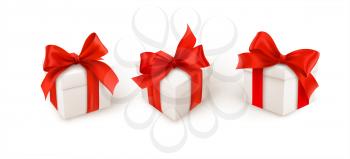 Set of three white gift boxes with red silk ribbon bow isolated on white background. Vector illustration EPS10