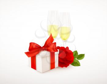 Realistic white gift box with red bow ribbon, two glasses of champagne and red rose isolated on white background. Design element for Happy Valentines Day greetings. Vector illustration EPS10
