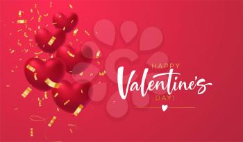 Red glittering heart shape balloons with gold glittering confetti inscription Happy Valentines Day on red background. Vector illustration EPS10